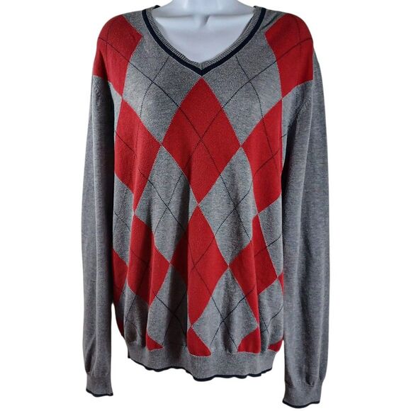 Brooks Brothers Preppy Sweater Mens L Argyle Gray Red Navy V Neck Cotton Wool - Picture 2 of 9